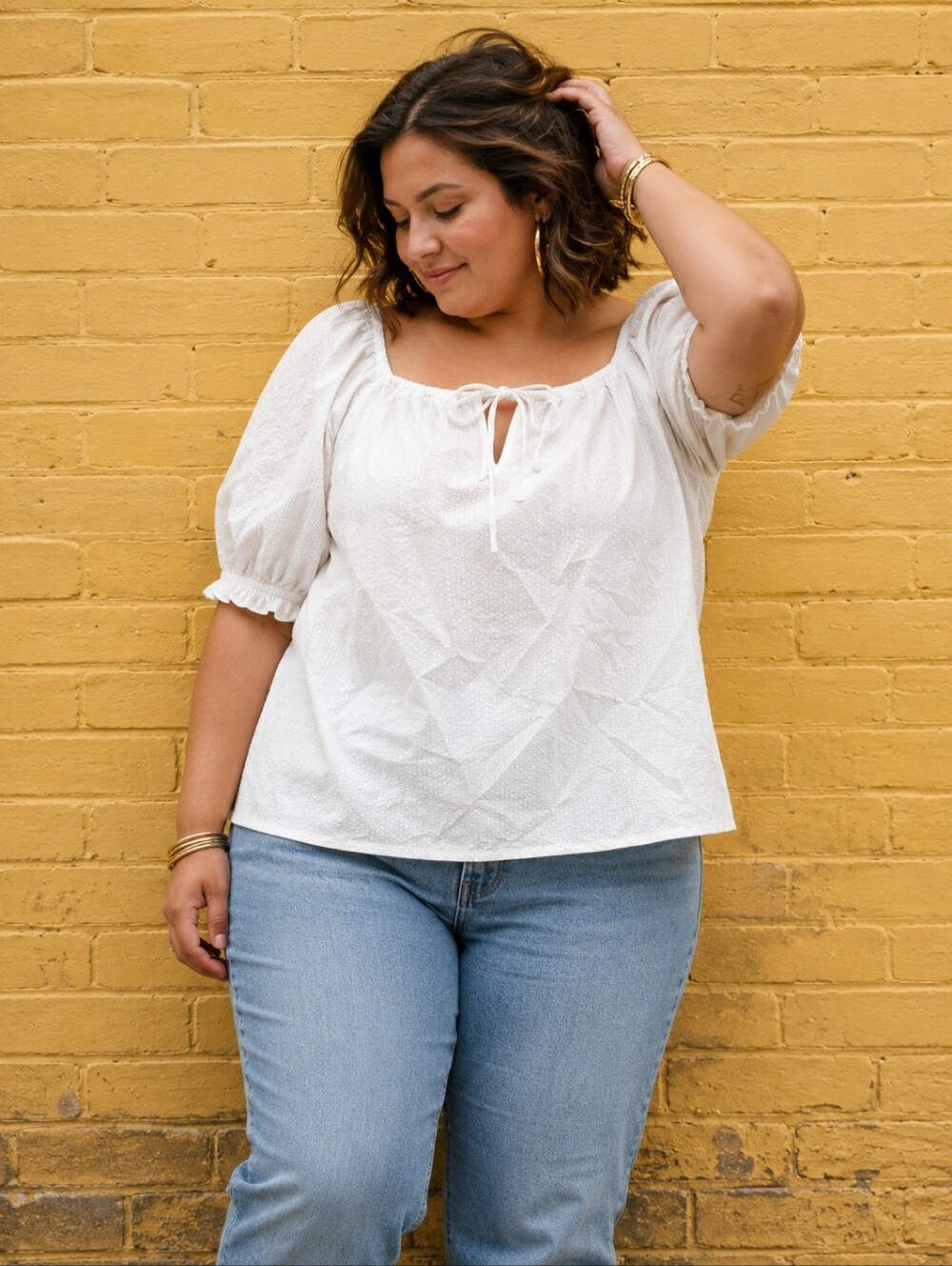 Smash + Tess NEW Size XL: Ivory Amber Puff Sleeve Peasant Square-Neck Blouse